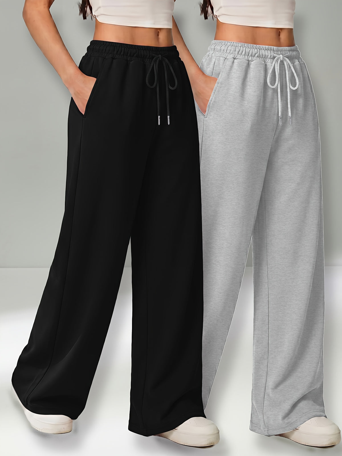 Autumn and Winter High-Waisted Casual Versatile Pants, Elastic Waist Loose Wide-Leg Pants 2pcs Set - Black+gray