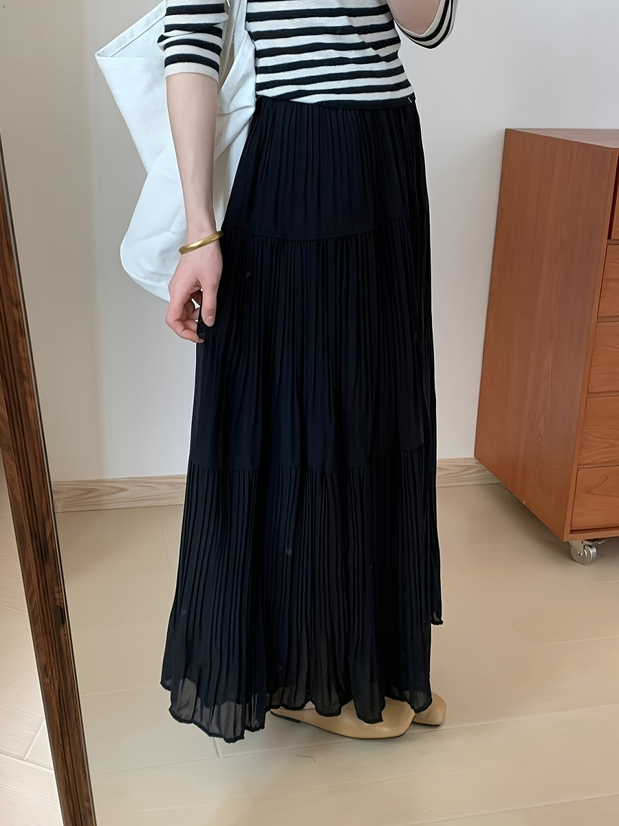 Pleated A-line Skirt with a Loose, Flared Cut - Black