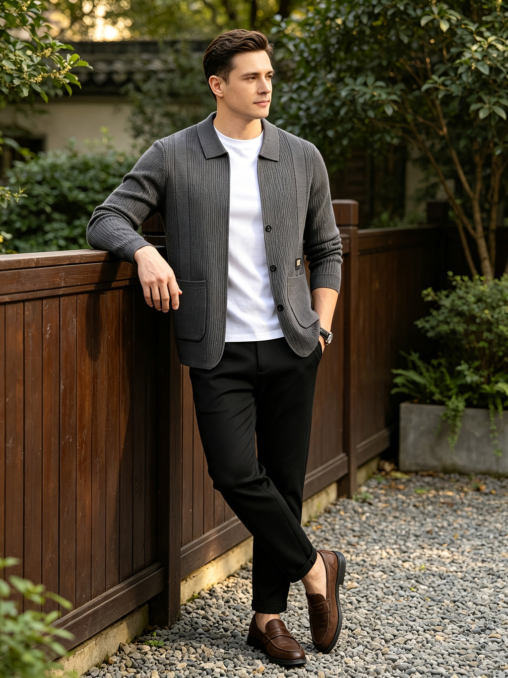 Men's Lightly Mature Business Casual Lapel Knit Cardigan, Vertical Stripe Textured Breathable Wrinkle-Resistant Knit Outerwear, Comfortable, Soft, and Skin-Friendly, with Simple Single-Breasted Design and Dual Pockets, Structured Fit for a Slimming - Dark Gray