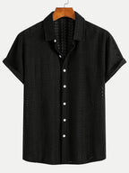 New Men's Solid Color Stretch Knit Openwork Plaid Jacquard Lapel Button- Casual Lightweight Shirt, Suitable for Daily Wear, Street Fashion, Summer, Autumn Menswear - Black