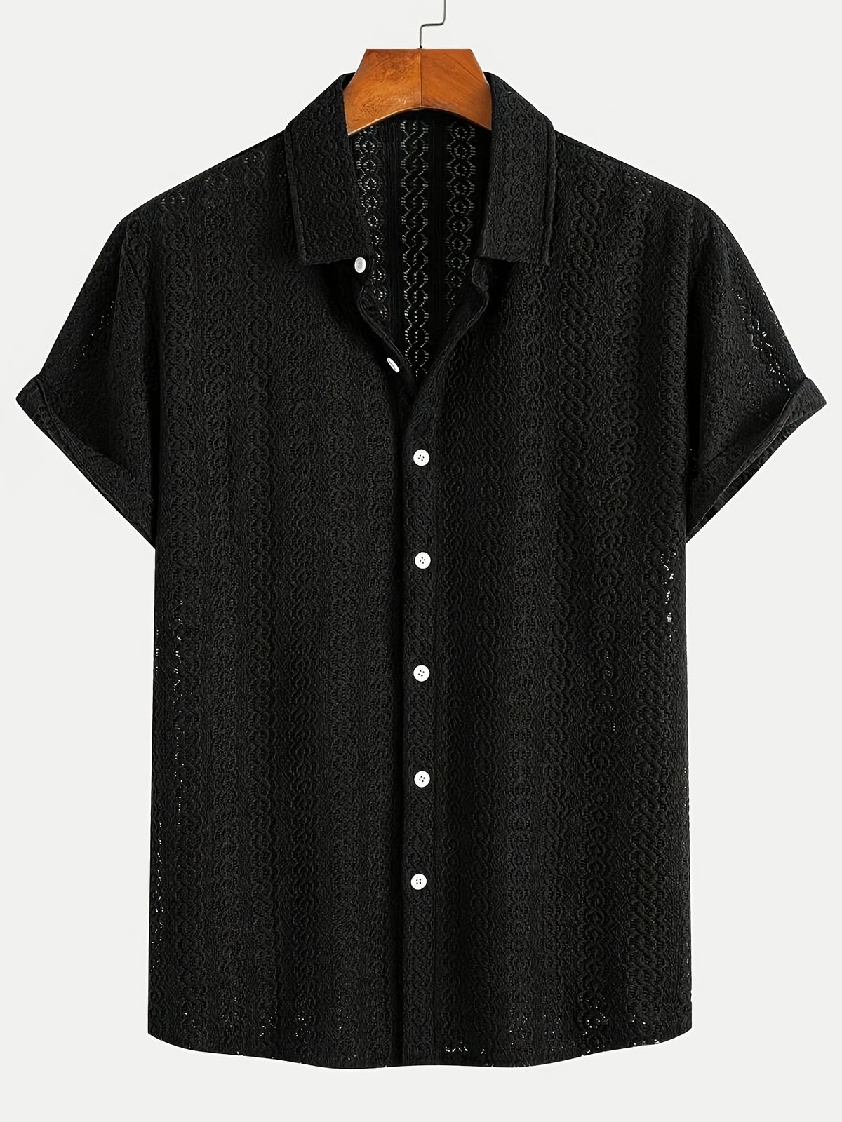 New Men's Solid Color Stretch Knit Openwork Plaid Jacquard Lapel Button- Casual Lightweight Shirt, Suitable for Daily Wear, Street Fashion, Summer, Autumn Menswear - Black