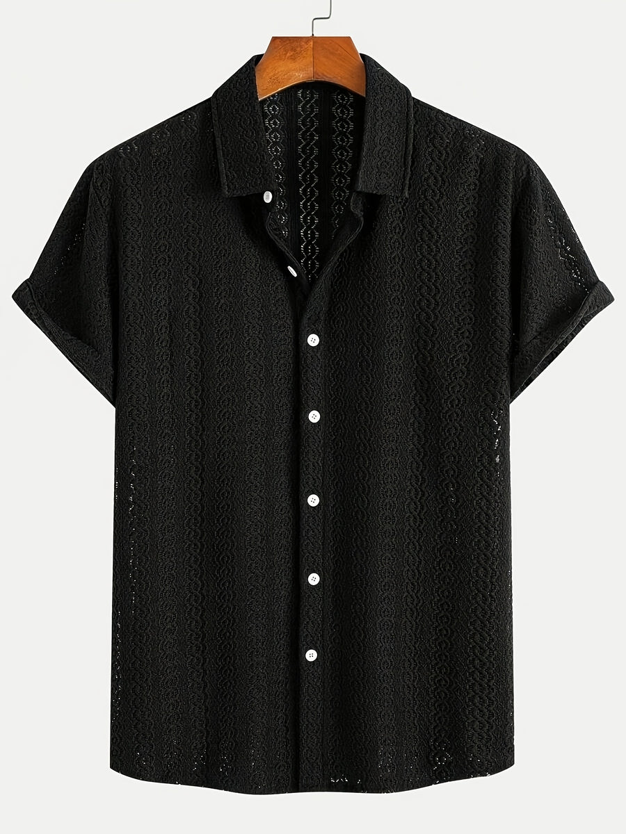 New Men's Solid Color Stretch Knit Openwork Plaid Jacquard Lapel Button- Casual Lightweight Shirt, Suitable for Daily Wear, Street Fashion, Summer, Autumn Menswear - Black