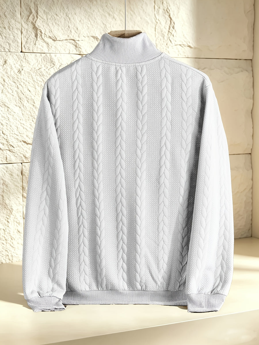 BOWZ Men's Knitted Top, Patchwork Design Stand Collar Sweatshirt with Zipper, Autumn/Winter Warm Sweater, Loose Fit, Suitable for Outdoor Vacations, Casual Sports, Random Jacquard Texture - White