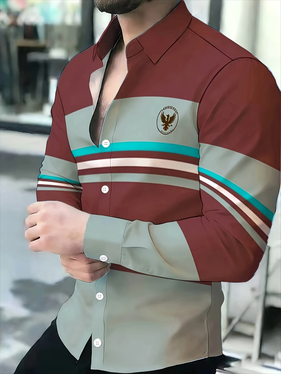 Men'S Color-Block Striped Long Sleeve Shirt, Casual Patchwork Design Fashion Men'S Top - Mixed Color 4