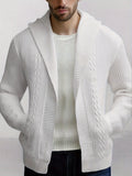 Men's Knitted Cardigan, Hooded Knit Cardigan, Simple and Textured Style, Loose Fit, Hooded Design, Large Lapel Collar, Buttonless Cardigan, Vertical Rib and Cable Knit Blend, Suitable for Various Daily Occasions, Effortlessly Create a Simple - White