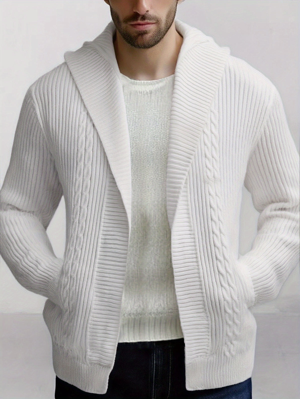 Men's Knitted Cardigan, Hooded Knit Cardigan, Simple and Textured Style, Loose Fit, Hooded Design, Large Lapel Collar, Buttonless Cardigan, Vertical Rib and Cable Knit Blend, Suitable for Various Daily Occasions, Effortlessly Create a Simple - White