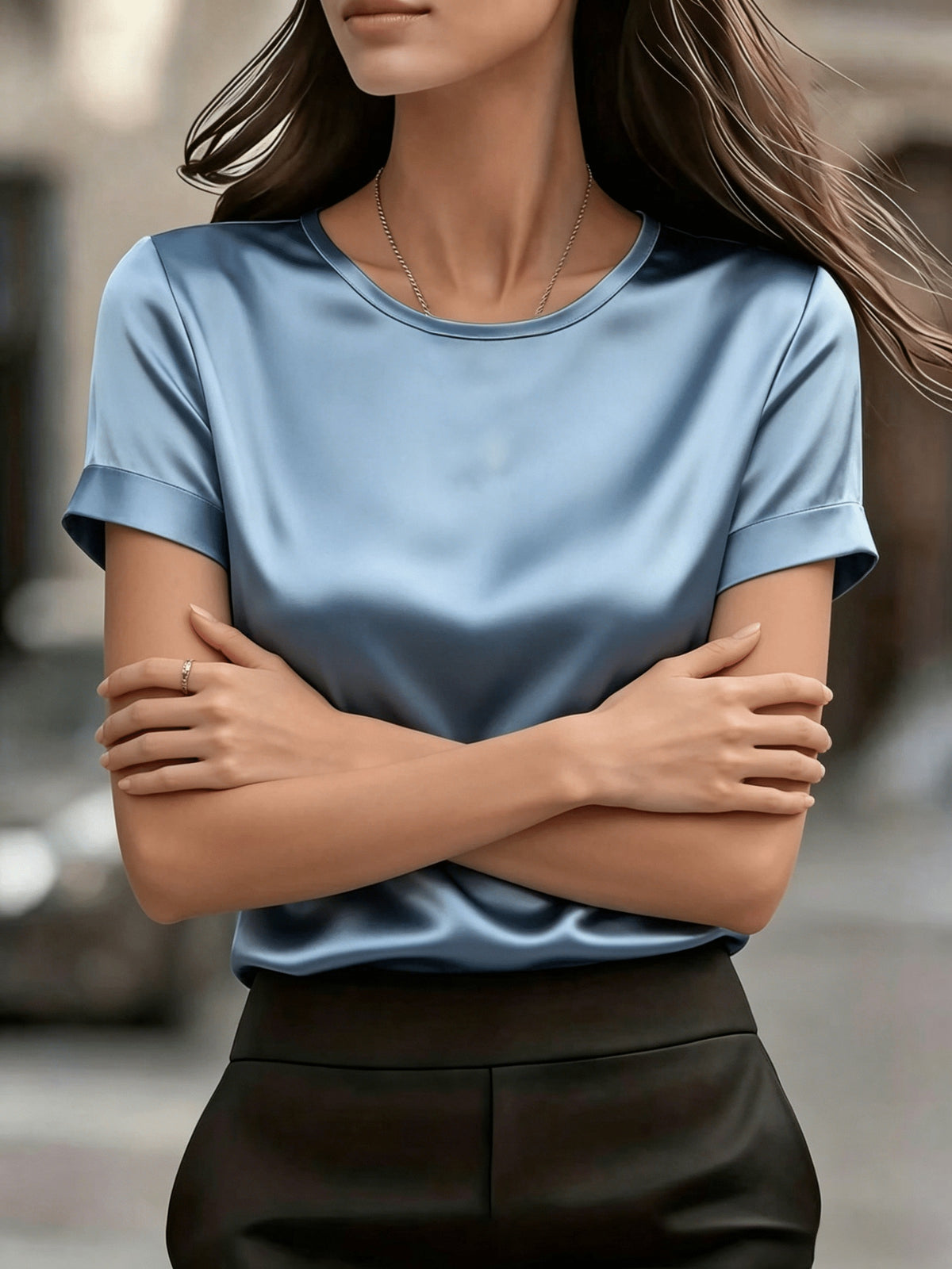 Women's Simple Round Neck Short Sleeve T-Shirt - Satin Texture, Ideal for Mother's Day & Independence Day Commute, Suitable for Spring & Summer Office & Casual Looks, Luxury Style Outfit - cyan blue