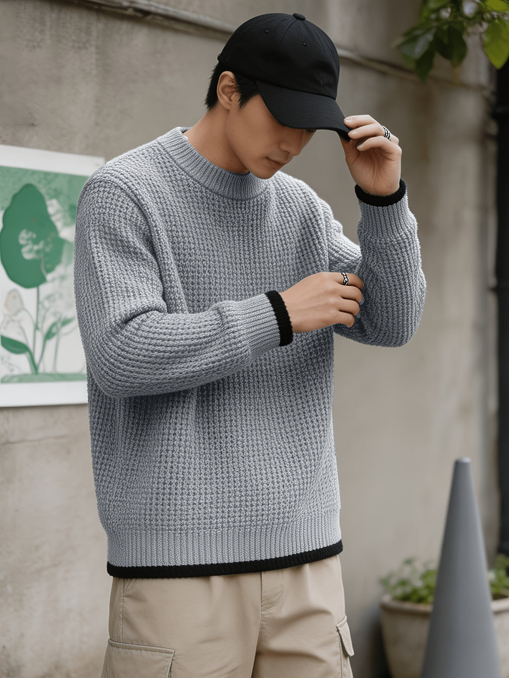 Autumn Winter Men'S Waffle Knit Round Neck Pullover Sweater, Faux Two-Piece Color Blocked Trim Long Sleeve Knit Top, Loose Drop Shoulder Warm Sweater, Suitable for Daily Commute Casual Wear - Grey