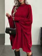 Women's Solid Color High Neck Batwing Sleeve Dress - Brick Red