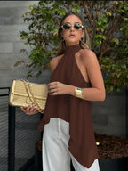 Sexy Halter Back Tank Top New Temperament Ribbon Design Aesthetic Back Satin Sleeveless Top - Dark Brown