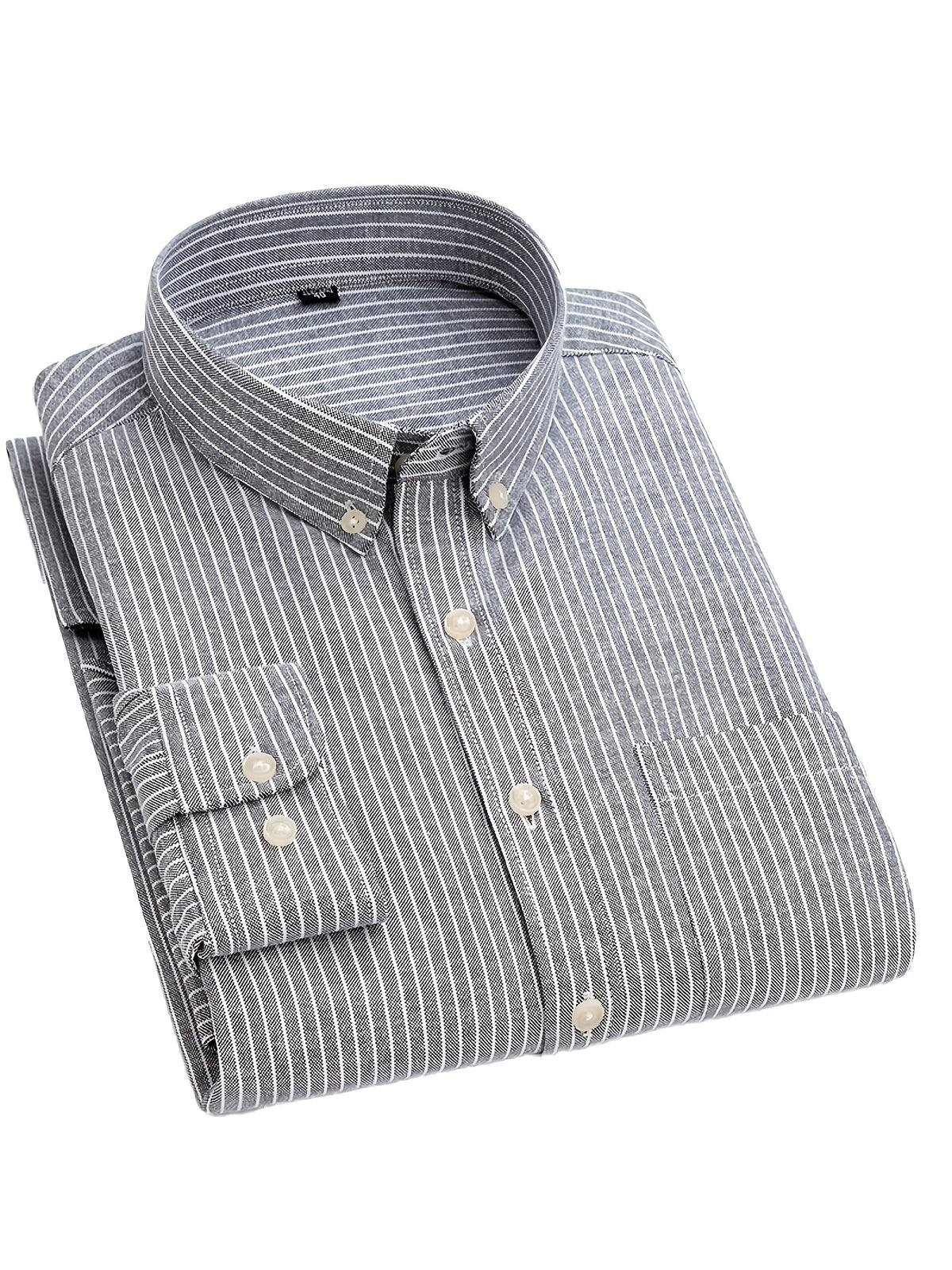 Classic Men's Striped Oxford Shirt with Chest Pocket, Button- Collar, Versatile Long-Sleeve Top for Daily Commute - Gray Stripes