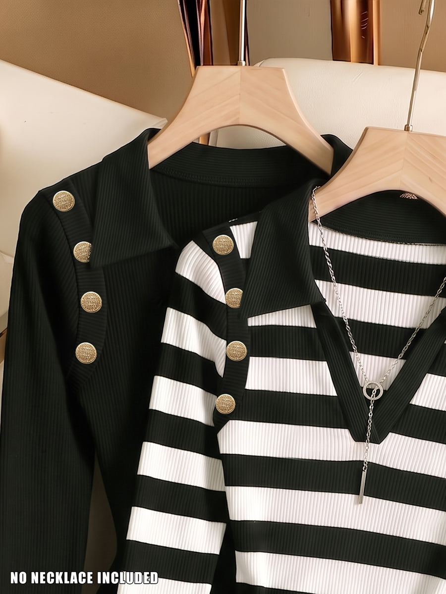 Spring/Autumn 2pcs Set, Solid Color with Contrast Stripes, V-Neck Body-Shaping Close-Fitting Jumpsuit, Elegant Lapel Bodysuit for Women, Daily Innerwear Long-Sleeve Top - Black+Black And White Stripes