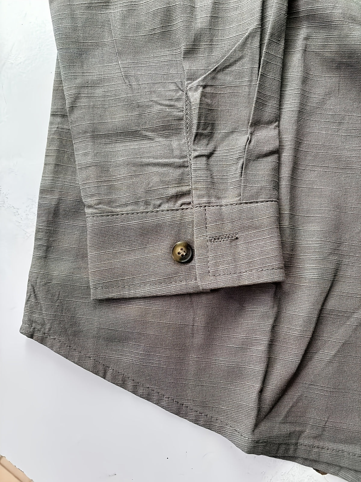 Men's Vintage Lapel Striped Shirt, Vacation Casual Long-Sleeve Shirt. Available in Multiple Colors - Grey