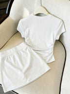 New Summer Bowknot Casual 2pcs Set for Women, Slim-Fit Short Sleeve T-Shirt + Drawstring Mini Skirt, Sweet and Spicy Style, and Versatile Swear Set - White