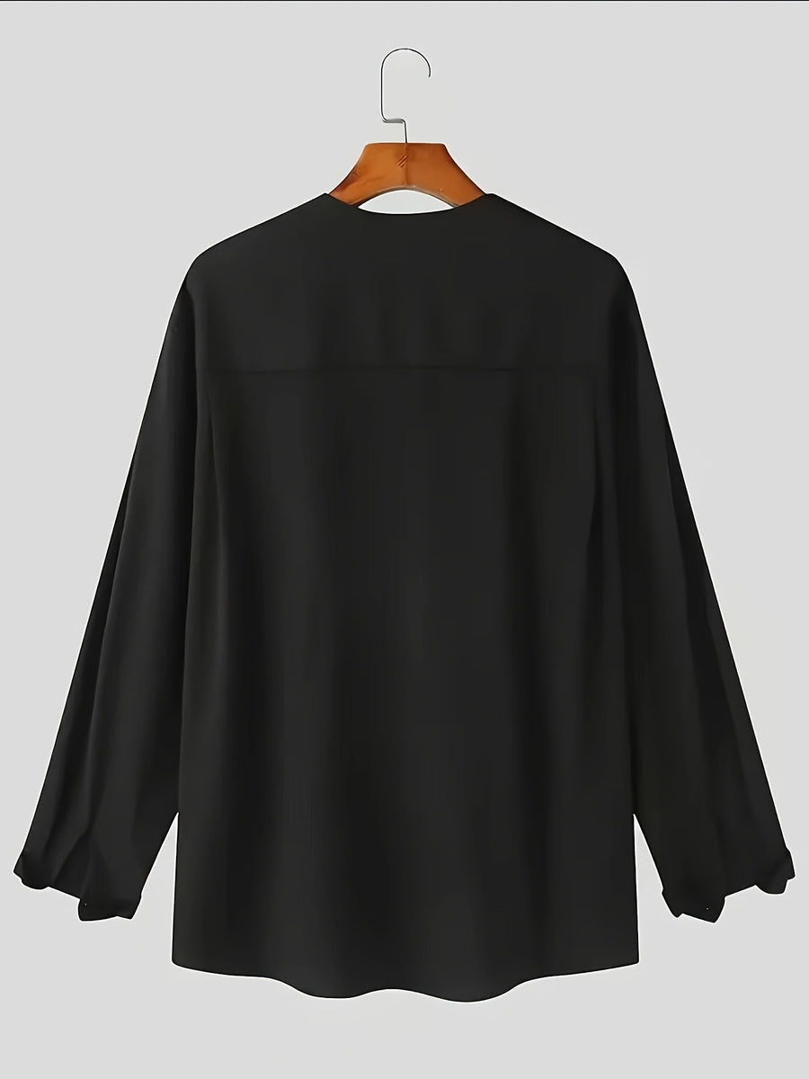 Men's Gift, Men's Spring/Summer Long Sleeve V-Neck Henley Shirt, Solid Color Men's Casual Daily Top T-Shirt Dress Shirt, Men's Suit Set, Gift for Boyfriend - Black
