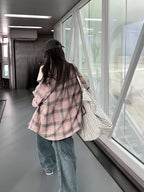 Women'S Shirt Multicolor Brushed Checkered Shirt Loose Top - Pale Pinkish Gray