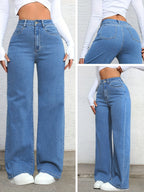Blue Trendy Women'S Stretch Loose Jeans Wide-Leg Pants - Blue