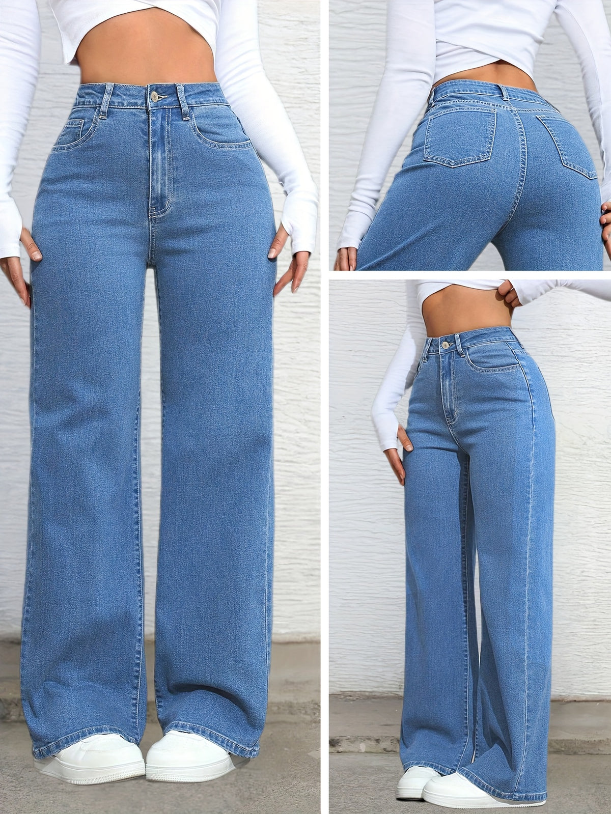 Blue Trendy Women'S Stretch Loose Jeans Wide-Leg Pants - Blue