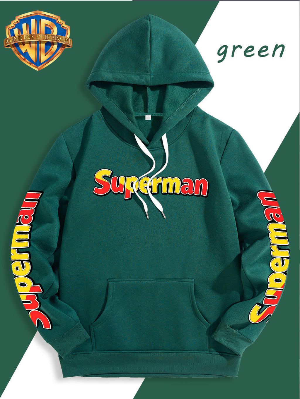 DC Superman Classic S Logo Print Hoodie American Casual Fall Winter Sweatshirt - Men'S Versatile Pullover, Cozy And Warm Fleece-Lined Top for Sports, Outdoor, Travel, Daily Wear, Commute, Home, Perfect Gift for Lovers And Friends - Unisex - Malachite Green