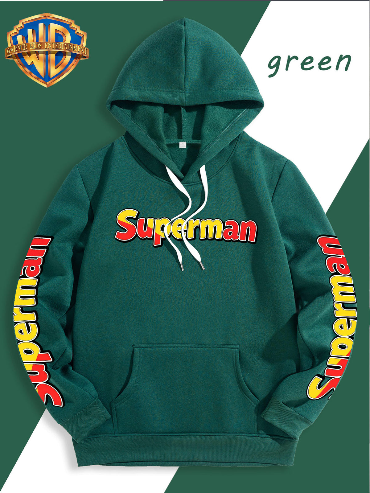 DC Superman Classic S Logo Print Hoodie American Casual Fall Winter Sweatshirt - Men'S Versatile Pullover, Cozy And Warm Fleece-Lined Top for Sports, Outdoor, Travel, Daily Wear, Commute, Home, Perfect Gift for Lovers And Friends - Unisex - Malachite Green