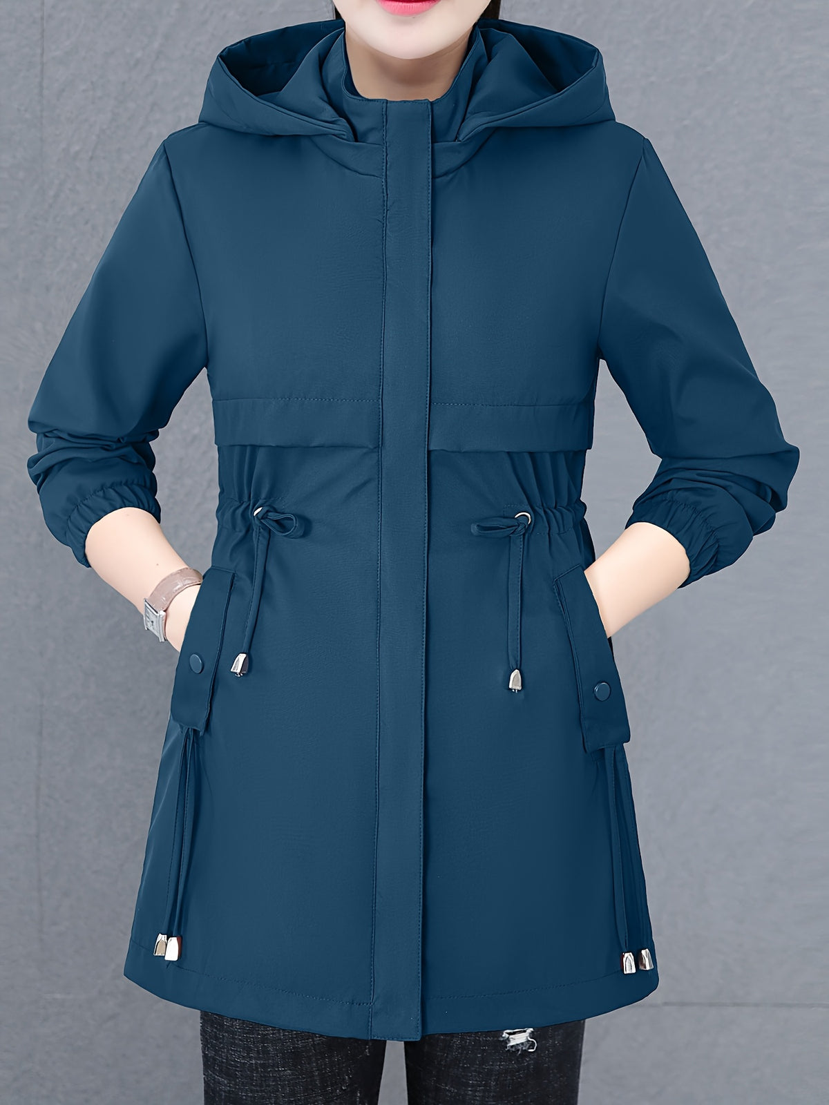 Women'S Fall Winter Fleece-Lined Thick Trench Coat, Warm Top Outerwear for Autumn Winter Season, Drawstring Waist Design, Elastic Windproof Cuffs, Easy Comfortable Lightweight Coat - Peacock Blue