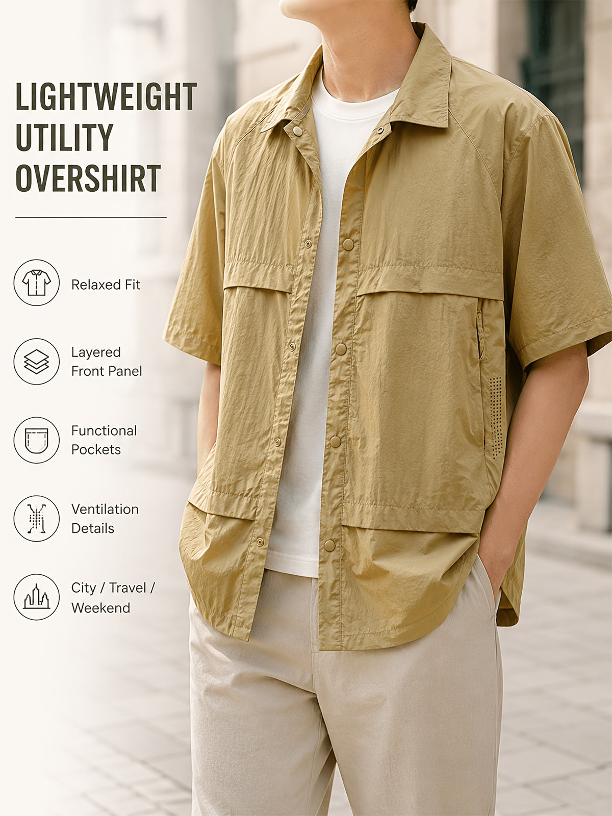 Men's Lightweight Functional Style Short-Sleeve Shirt Jacket with Snap Button Closure and Lapel Collar, Breathable Fabric, Loose and Comfortable, Not Stuffy, Suitable for Urban Commuting, Travel, Outings, Weekend Leisure, and Multiple Scenarios - Khaki