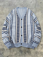 Men's New Autumn/Winter Streetwear American Style Solid Color Vertical Stripe Hard Line Fairytale Style Simple Commuter Versatile Cable Knit Button V-Neck Cardigan Sweater Open Front Fabric Long Sleeve Knitted Outerwear - Blue