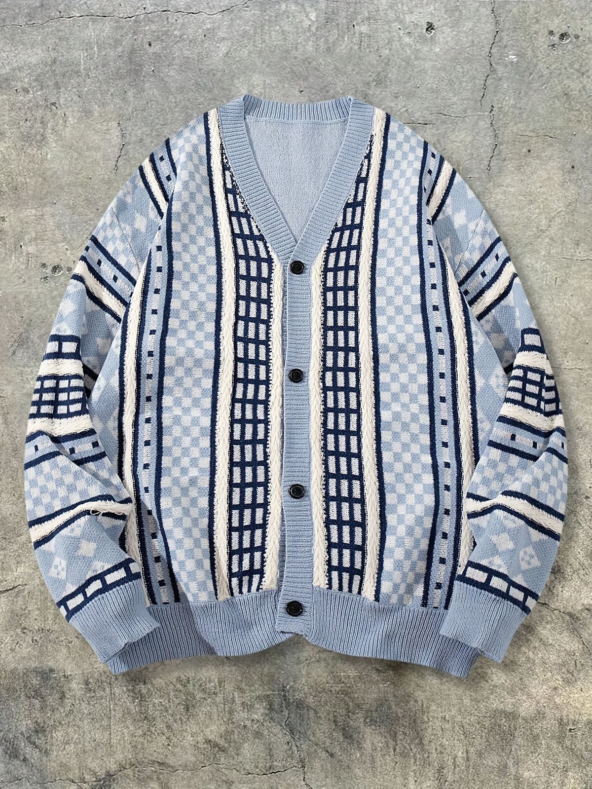 Men's New Autumn/Winter Streetwear American Style Solid Color Vertical Stripe Hard Line Fairytale Style Simple Commuter Versatile Cable Knit Button V-Neck Cardigan Sweater Open Front Fabric Long Sleeve Knitted Outerwear - Blue