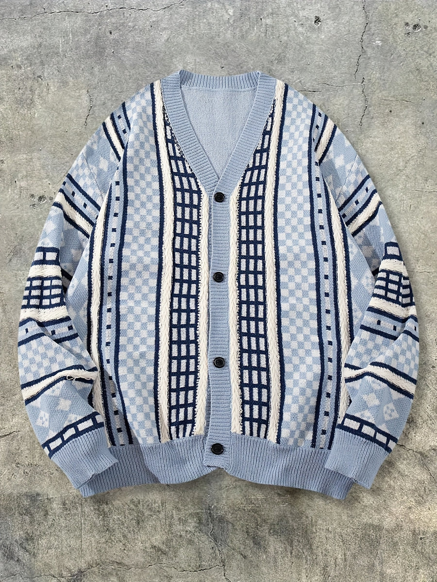 Men's New Autumn/Winter Streetwear American Style Solid Color Vertical Stripe Hard Line Fairytale Style Simple Commuter Versatile Cable Knit Button V-Neck Cardigan Sweater Open Front Fabric Long Sleeve Knitted Outerwear - Blue