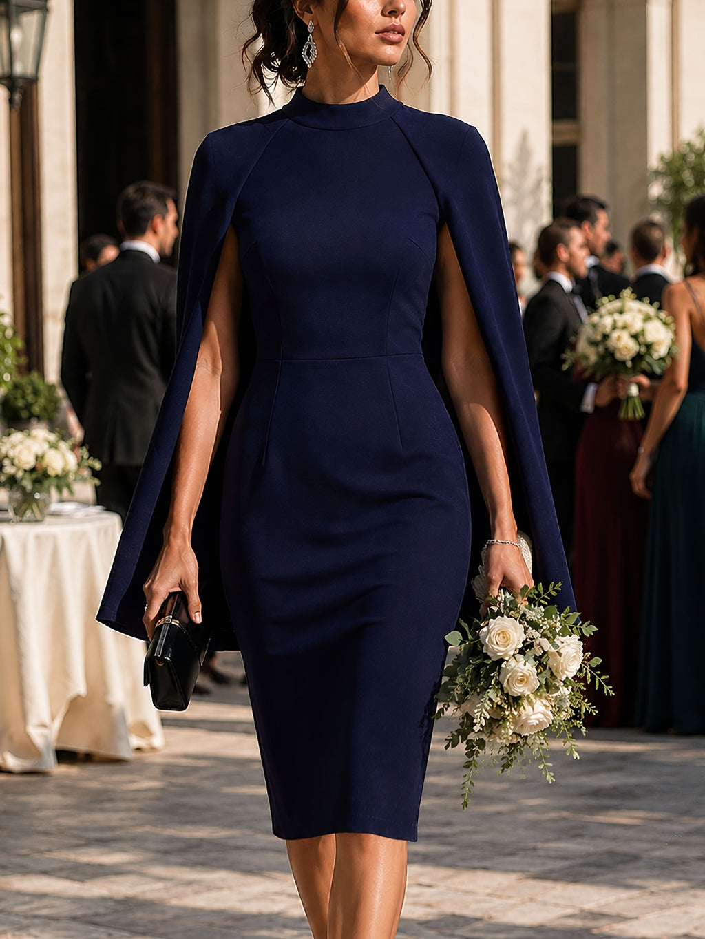Women Elegant O-Neck Cape Cocktail Party Bodycon Dress - Navy Color