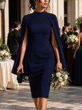 Women Elegant O-Neck Cape Cocktail Party Bodycon Dress - Navy Color