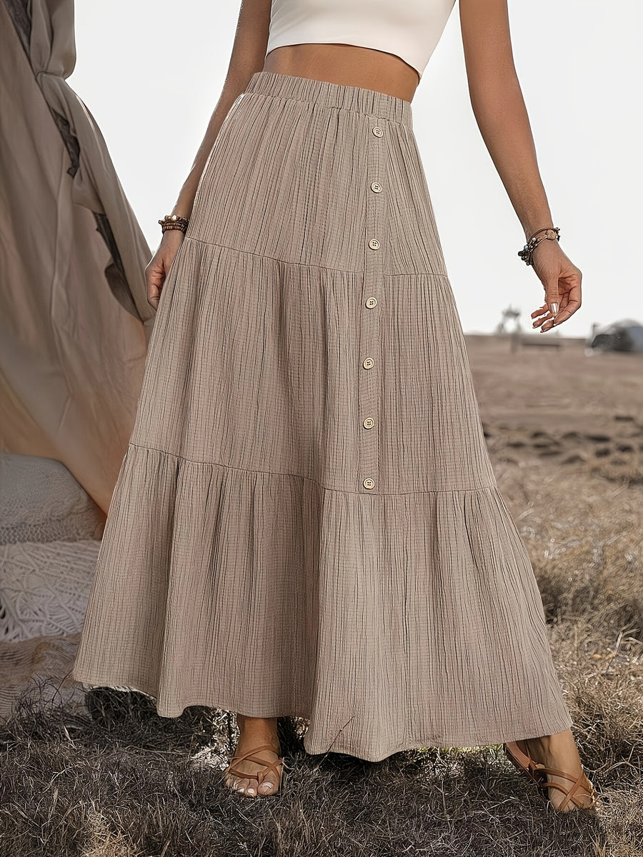 Textured Button Decor Elastic Waist Long Midi Skirt, Women'S Elegant Vacation Casual Skirt for Country Music Festival - Bean Paste Pink