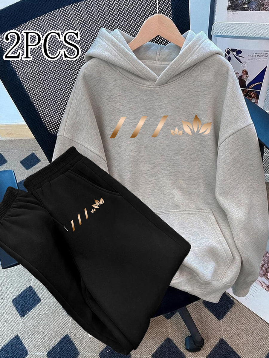 2pcs Promotion Set Suitable for Spring, Autumn, And Winter Fashionable Women'S Elegant Beautiful Y2K Style Athletic Wear, Hooded Fleece-Lined Sweatshirt And Fleece-Lined Long Pants Set - Grey+Black