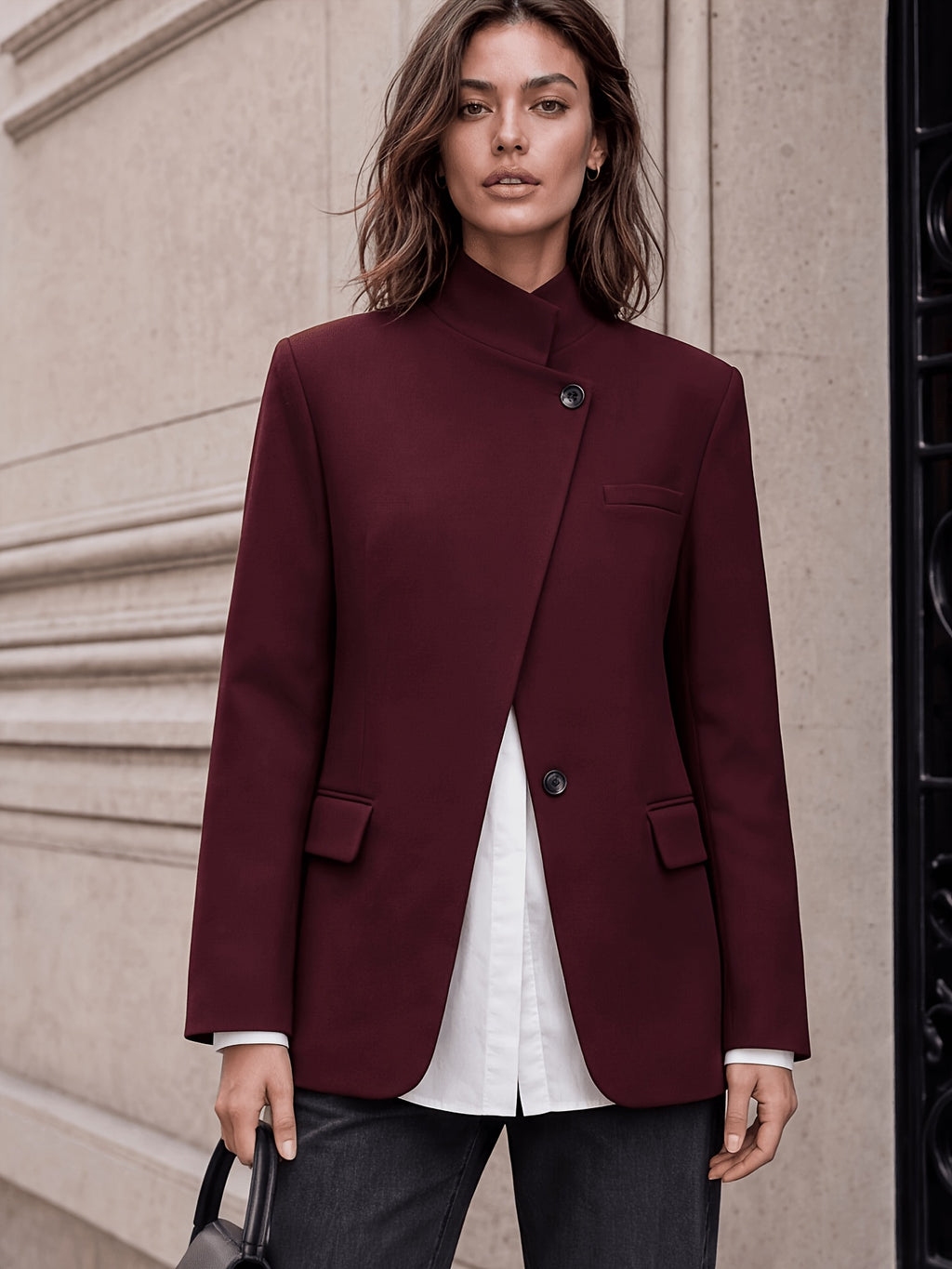 Stand-up Collar with Irregular Slanted Placket, Women's Casual Blazer, Versatile and Elegant Commuter Blazer Top, Dual-wear Suit for Daily and Workplace, Lined, with Pockets - Burgundy