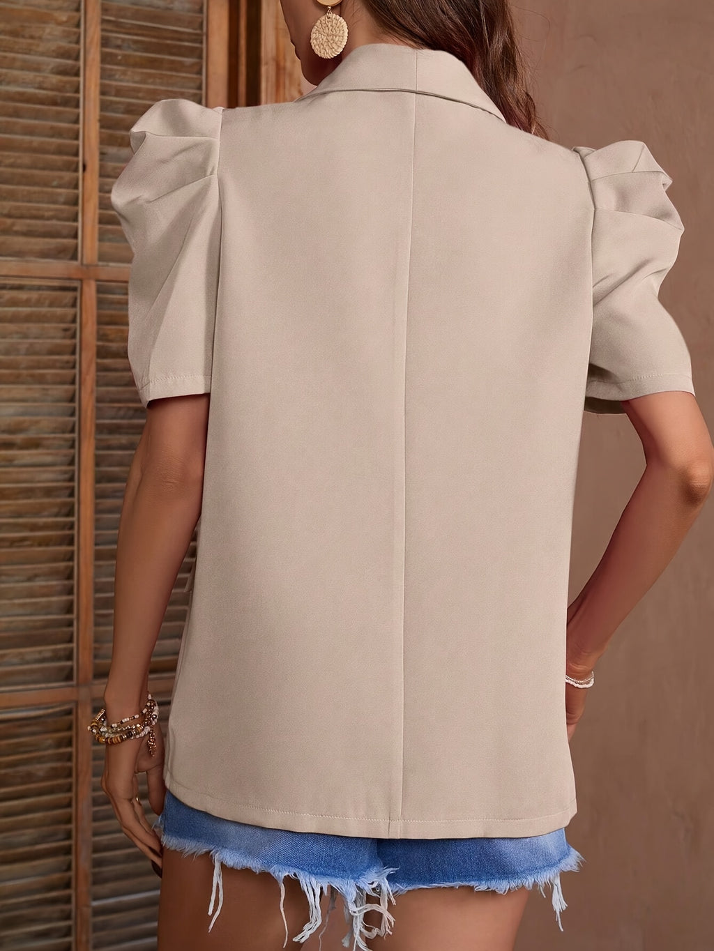 Spring And Summer New Solid Color Lantern Sleeve Jacket with Single Button Short Sleeves And Faux Pocket Suit. - Khaki