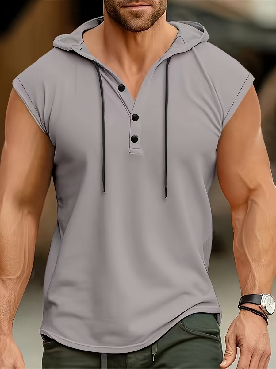 Men's Sleeveless Hooded Henley Shirt - Lightweight, Breathable Polyester | Summer Casual & Sporty Top with Button Detail | Machine Washable - Grey