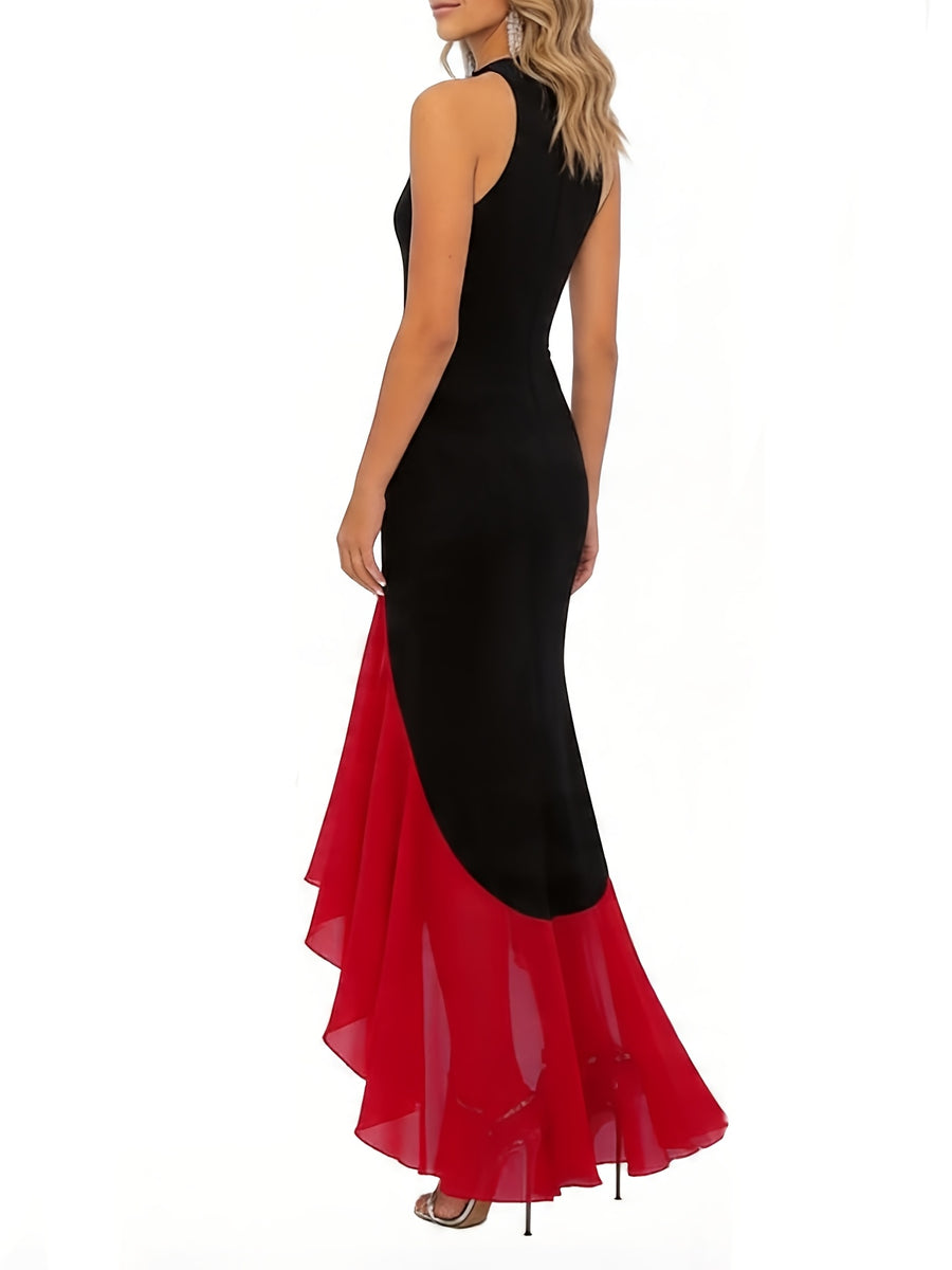 New Women's Black and Red Color-Blocked Sleeveless Spaghetti Strap Long Dress, Fashionable High-Waist Low-Cut Elegant Party Gown, Horizontal Style: WY260329023 - Mixed colors
