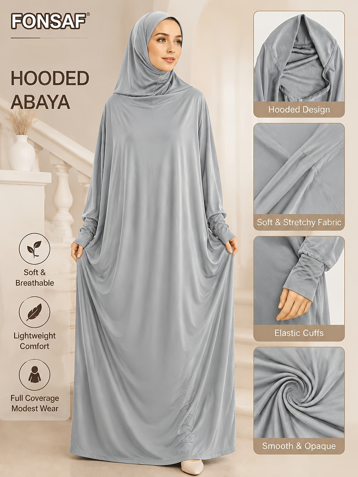 Women'S Elegant Muslim Prayer Robe, with Hood, Solid Color Batwing Long Dress, Loose Flowing Cloak-Style Dress, Suitable for Daily Wear in The Middle East, Also Ideal As an Eid Gift - Silvery Grey
