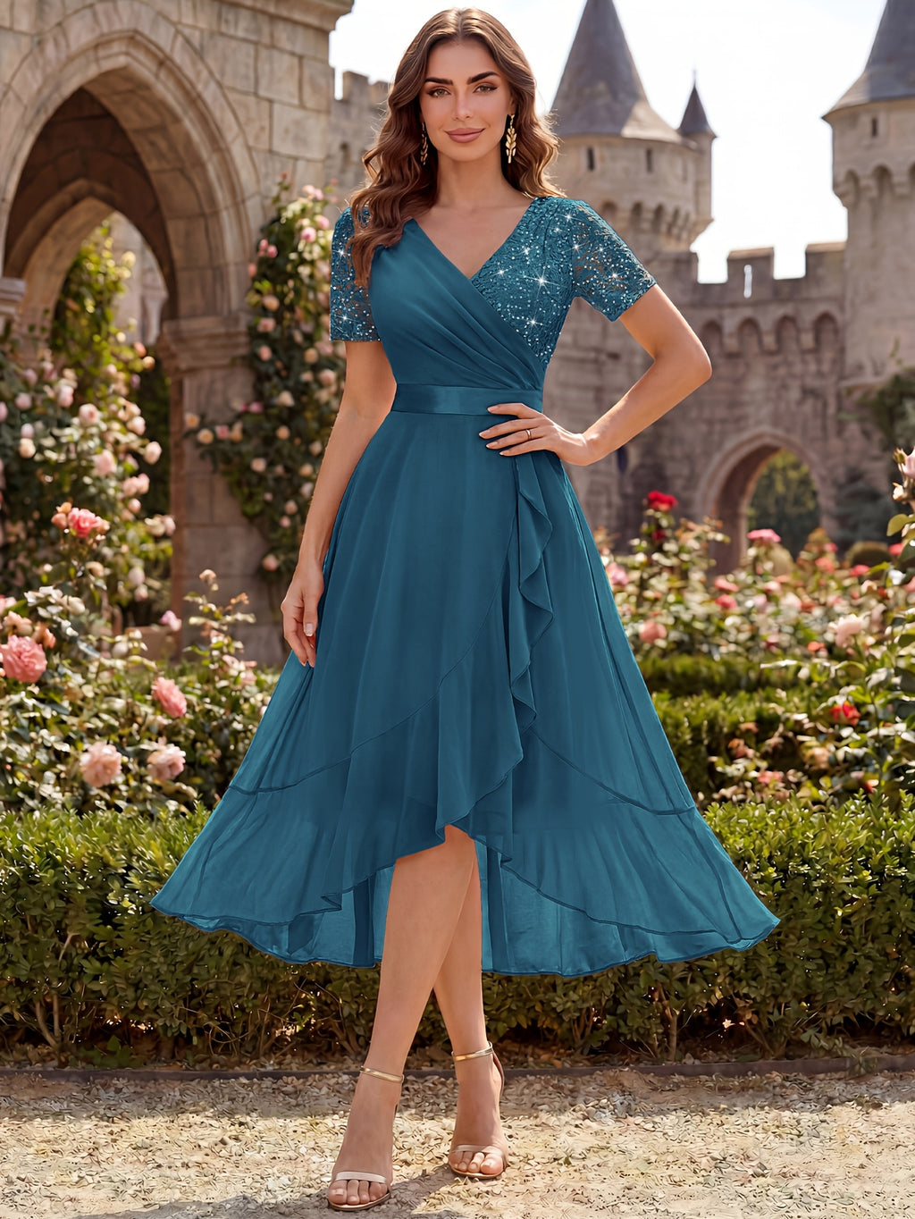 Women'S Elegant V-Neck Lace Chiffon Ruffled Trim Slit Wedding Party Long Dress - Coral Blue
