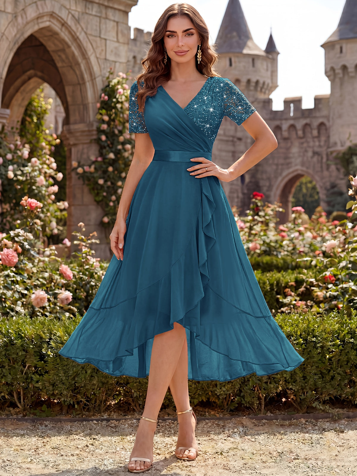 Women'S Elegant V-Neck Lace Chiffon Ruffled Trim Slit Wedding Party Long Dress - Coral Blue
