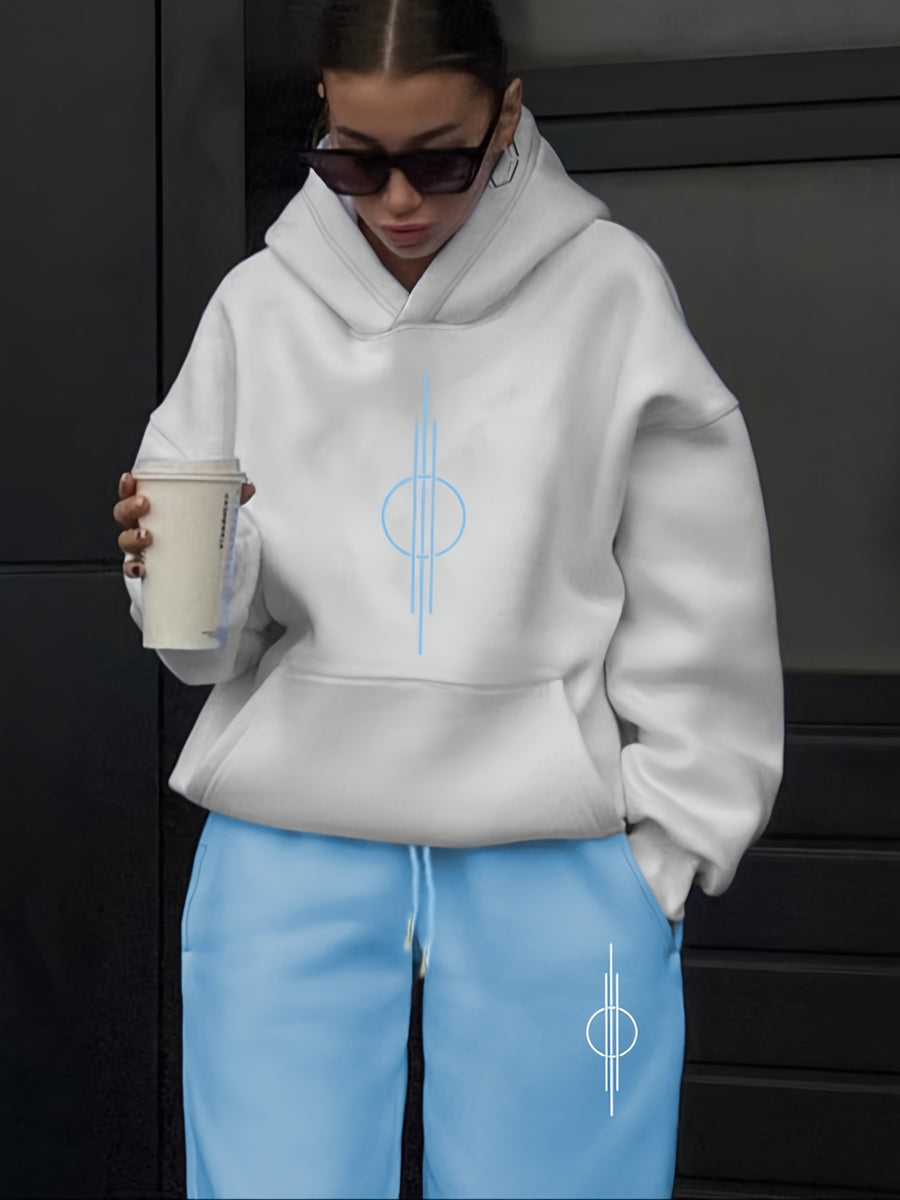 Women'S Stylish Leisure Patterned Outfit, a High-End Trendy Hooded Sweatshirt And Casual Pants Set for Autumn And Winter, Perfect for a Youthful Look. A Versatile Hooded Set for Women, Ideal As a Gift Choice - White+blue