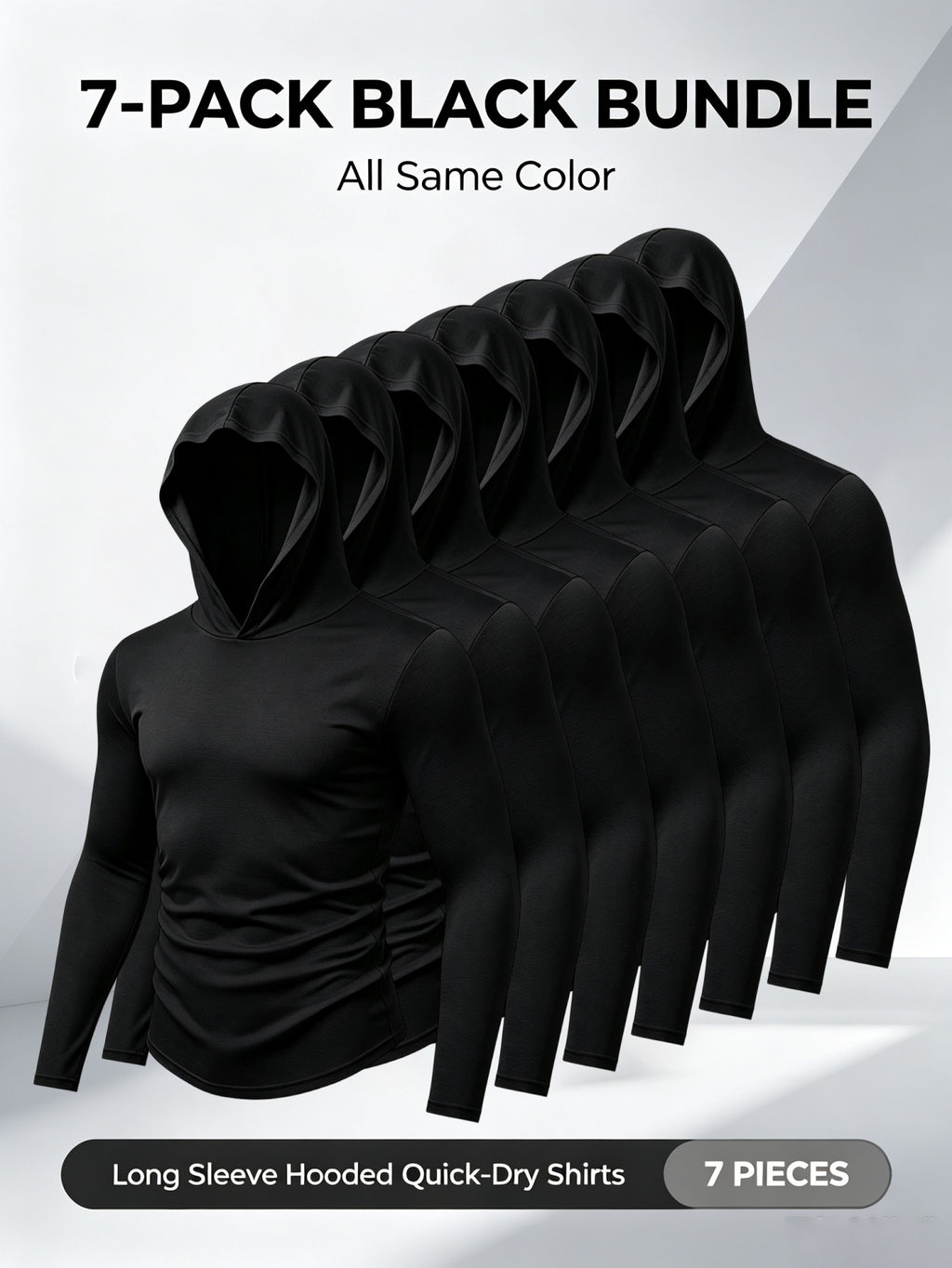 7pcs Men's Quick-Dry Hooded - Soft Breathable Lightweight Hoodie Suitable for Fishing, Outdoor Sports & Gym, - Long Sleeve Fitness Shirt with Hood, Machine Washable for Running,, and Casual Wear - Black