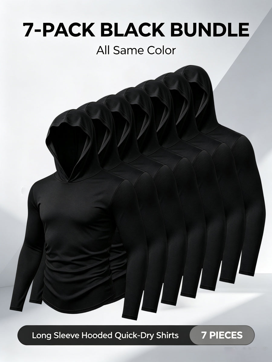 7pcs Men's Quick-Dry Hooded - Soft Breathable Lightweight Hoodie Suitable for Fishing, Outdoor Sports & Gym, - Long Sleeve Fitness Shirt with Hood, Machine Washable for Running,, and Casual Wear - Black