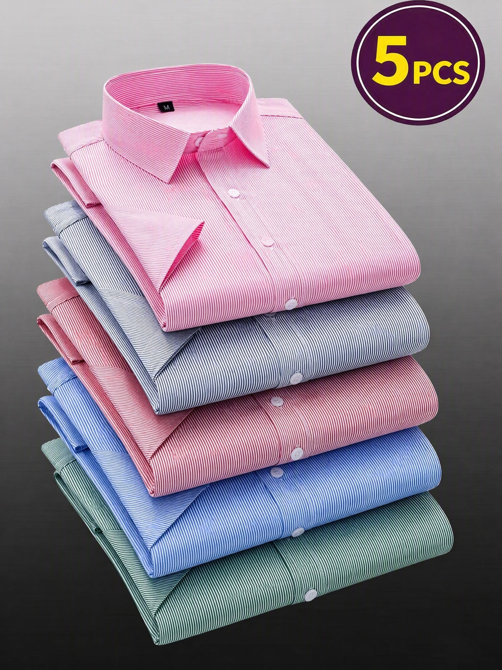 5pcs Men'S Pinstripe Short Sleeve Dress Shirt, Non-Iron Wrinkle-Free Comfortable, Fashionable Casual Short Sleeve Shirt, Comfortable Fabric, Outdoor Commute Party Wear, Comfortable to Wear, Essential Wardrobe Item - Sky Blue Gray Green Light Pink Dark Pink
