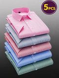 5pcs Men'S Pinstripe Short Sleeve Dress Shirt, Non-Iron Wrinkle-Free Comfortable, Fashionable Casual Short Sleeve Shirt, Comfortable Fabric, Outdoor Commute Party Wear, Comfortable to Wear, Essential Wardrobe Item - Sky Blue Gray Green Light Pink Dark Pink
