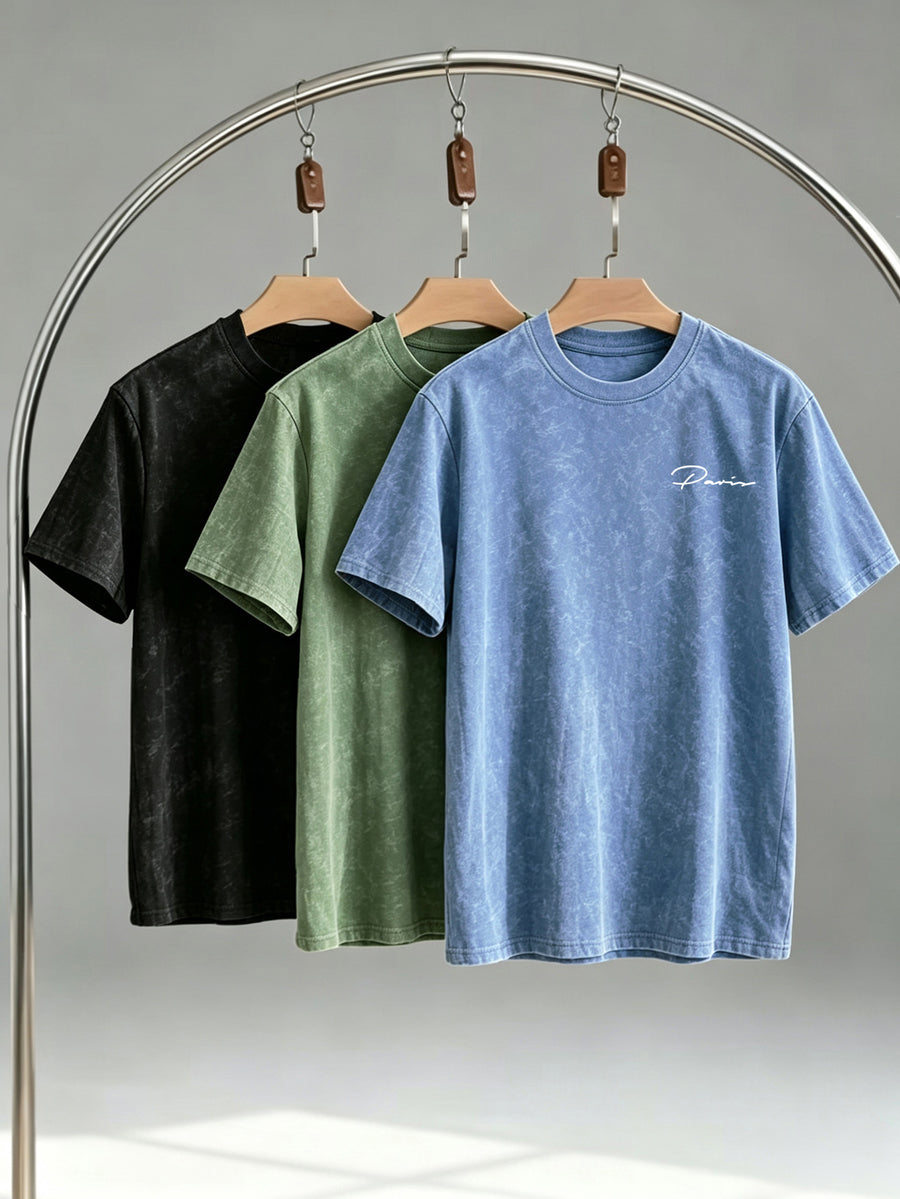High Street Distressed Short Sleeve Three-pc Crew Neck T-Shirts for Men, Slim Fit, Casual, for Layering or Wearing Outdoors, Basic Tees - Black+Green+Light Blue