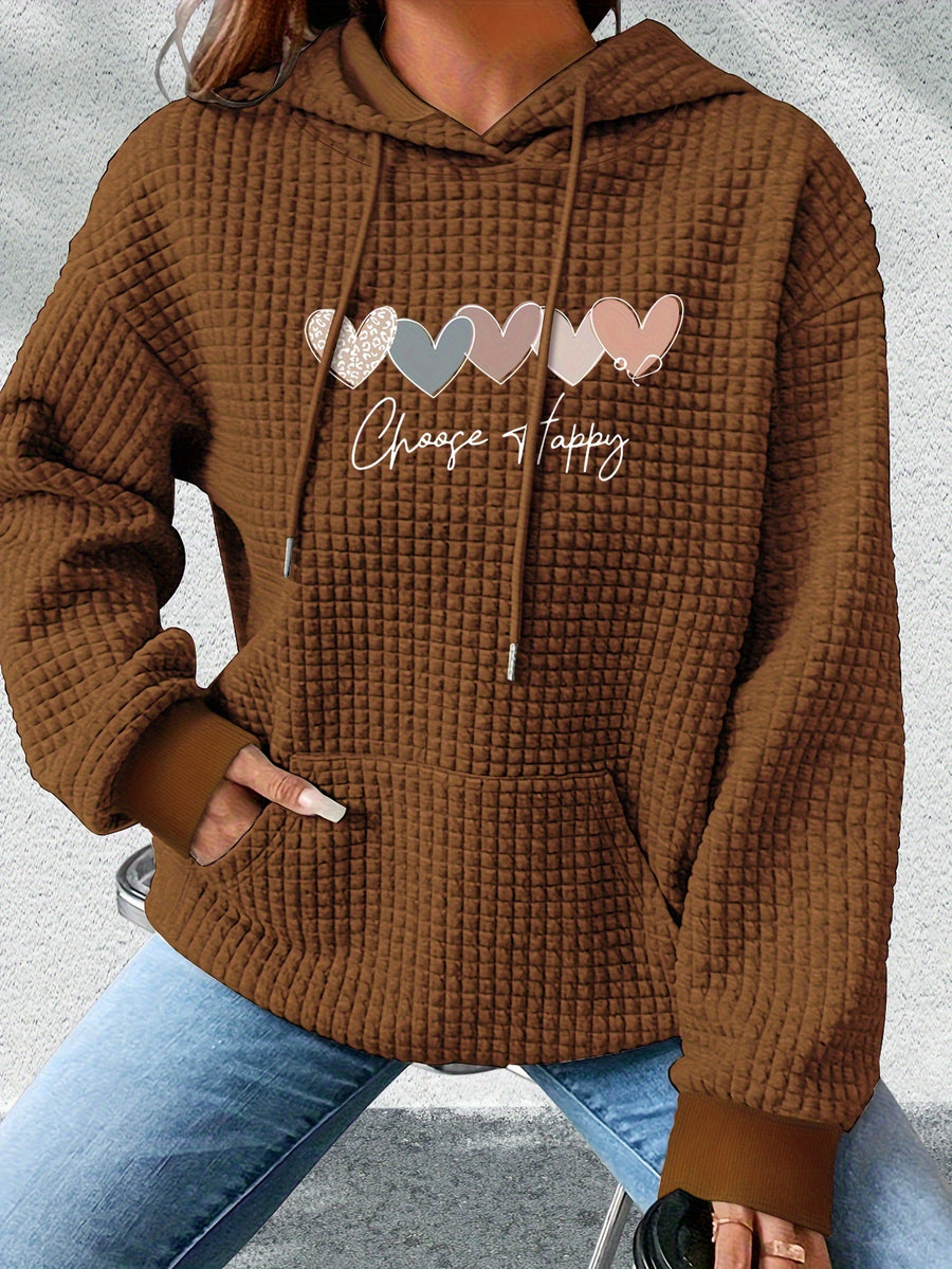 Graphic Print Hoodie, Drawstring Casual Hooded Sweatshirt for Fall And Spring, Women'S Clothing - Coffee Brown