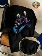 New Trendy Warner Bros. Double-Sided Print Men's Short-Sleeve T-Shirt, Halloween DC Joker Poker Bat Element Creative Print Pattern, American Dark Street Anime Style, Basic Crew Neck Design, Summer Skin-Friendly and Breathable T-Shirt Top - Black
