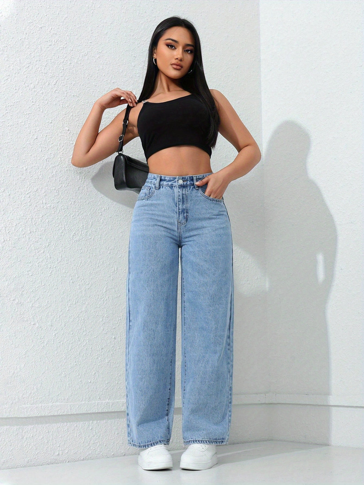 Women'S Loose Casual Straight-Leg Jeans with Pockets, High-Waist Relaxed Comfortable Wide-Leg Denim, Blue Light Washed, Slanted Pocket Mid-Stretch Straight-Leg Jeans, Women'S Jeans And Apparel - Light Blue