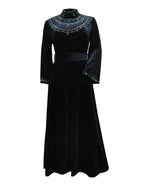 Ramadan Saudi Arabia Abaya Robe, Velvet Zipper Green Water Drop Rhinestone Middle Eastern Dress - Black